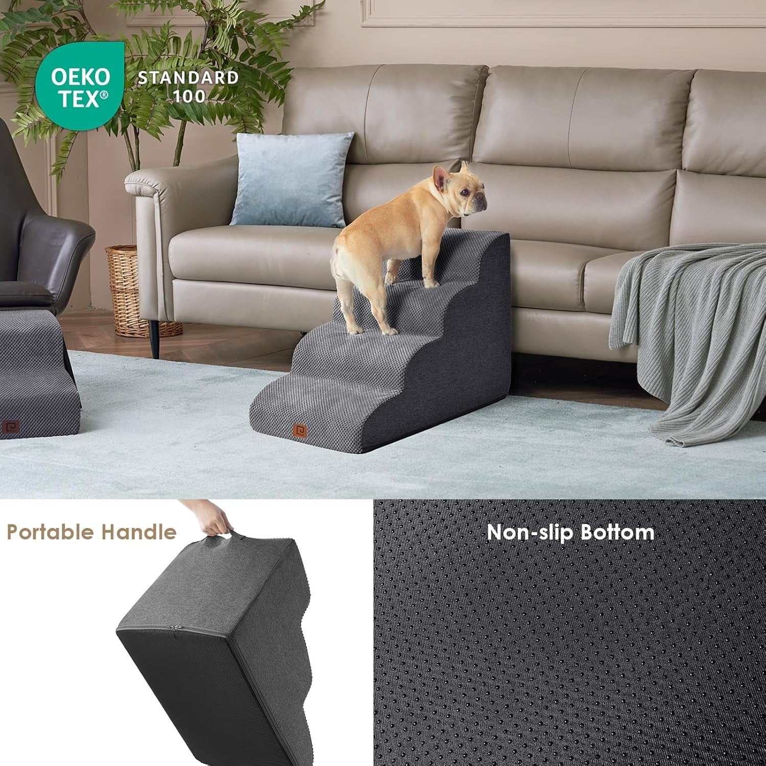 4 Step Dog Stairs for High Bed Non Slip Foam Pet Steps Washable Grey