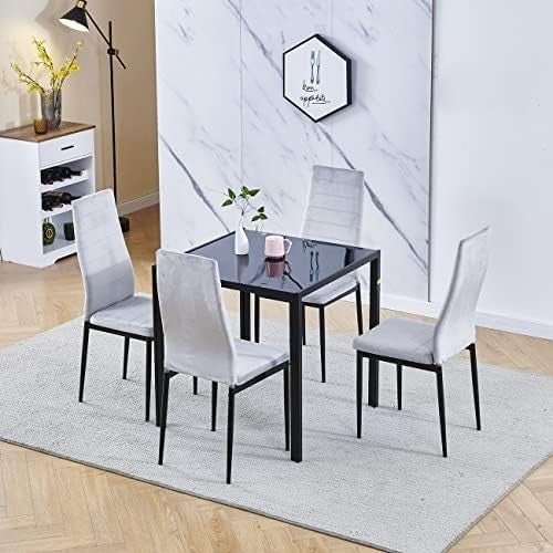 Square Glass Dining Table Set 4 Chairs Modern Space Saving Black Flannel Grey