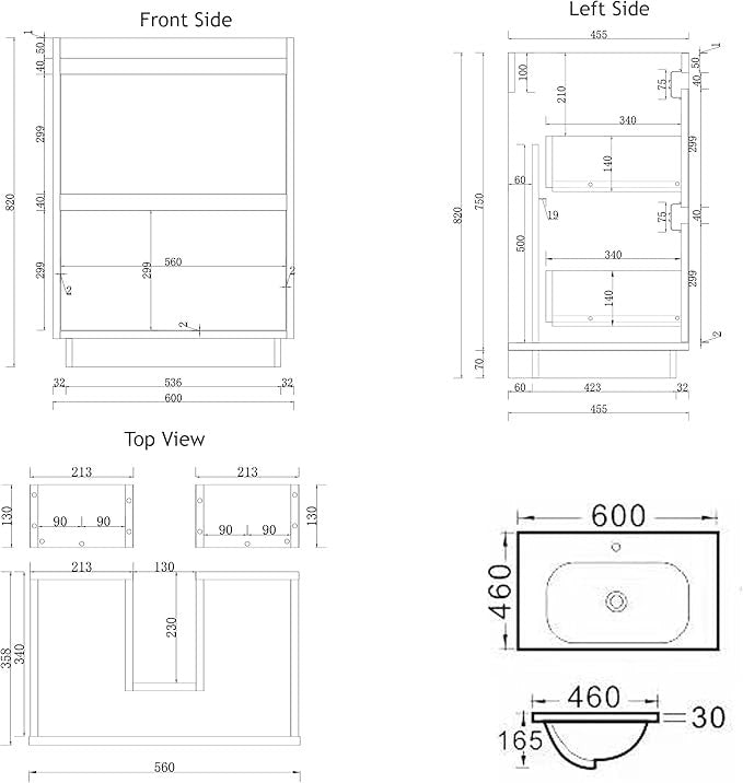 600mm Black Floor Standing Vanity Unit with Basin Sink 2 Drawer Bathroom Cabinet
