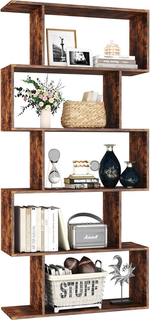 Rustic Brown 5-Tier S-Shaped Geometric Bookshelf Modern Display Storage Unit