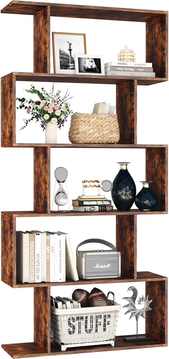 Rustic Brown 5-Tier S-Shaped Geometric Bookshelf Modern Display Storage Unit