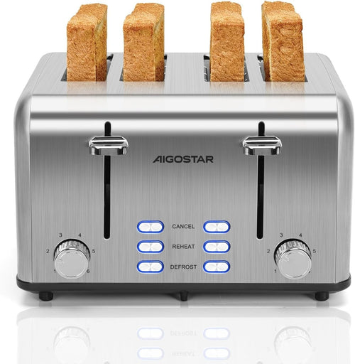 4-Slice Stainless Steel Toaster Extra-Wide Slots High Lift Defrost Reheat