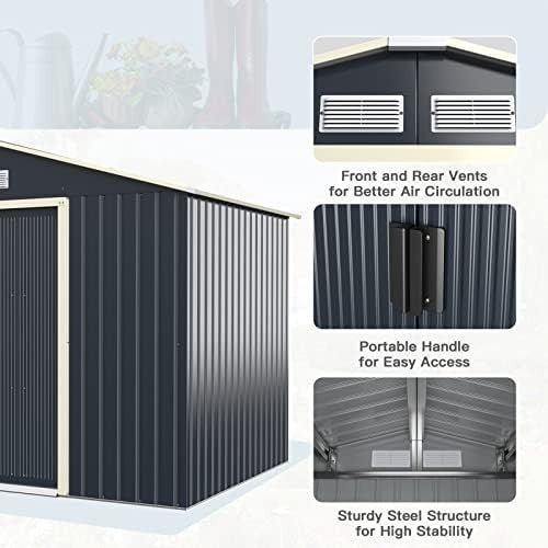 Metal Garden Storage Shed 9x6ft Waterproof Outdoor Tool Shed, Sliding Doors Grey