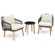 3pc Rattan Bistro Set Garden Chairs & Glass Table with Wood Legs Outdoor