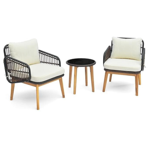 3pc Rattan Bistro Set Garden Chairs & Glass Table with Wood Legs Outdoor