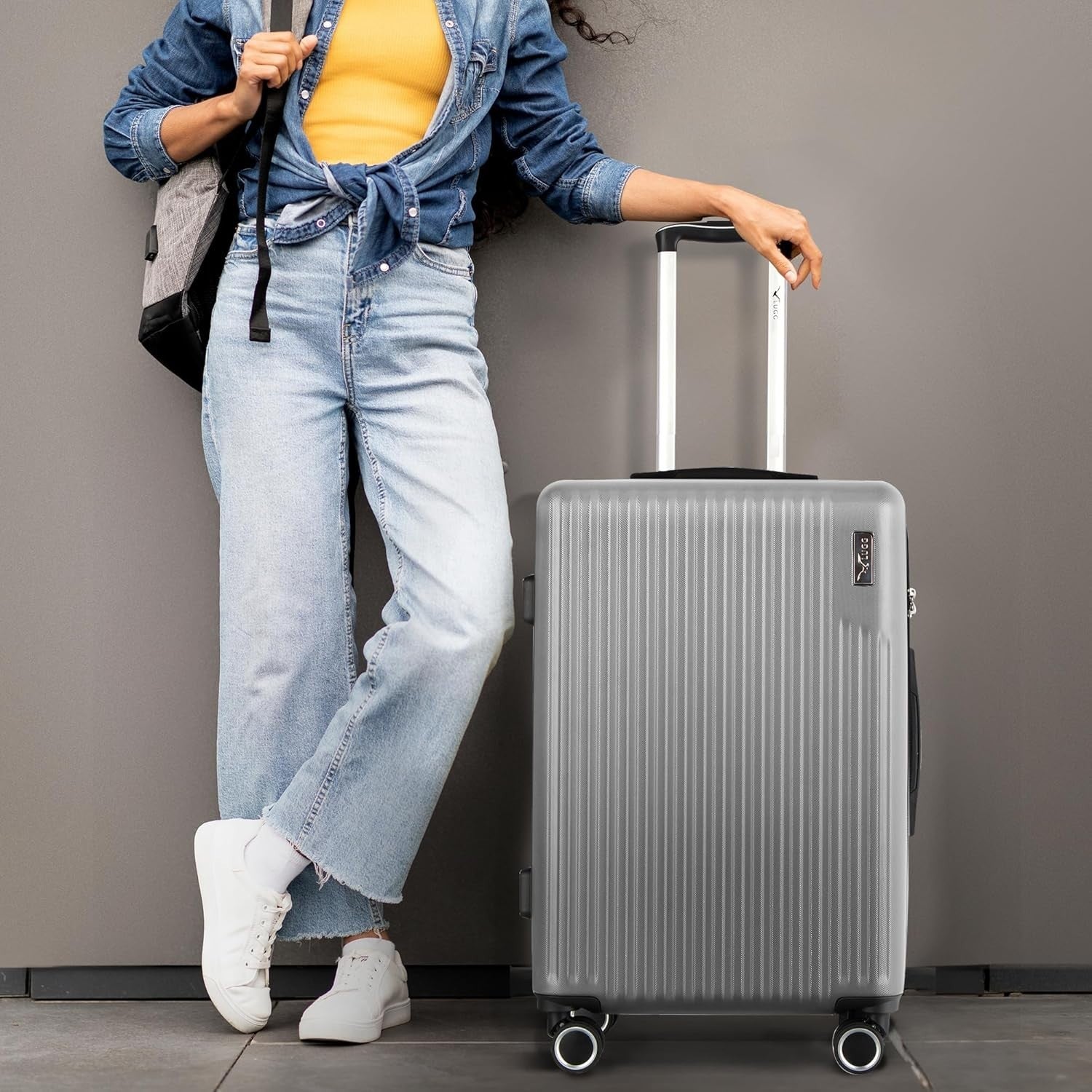24in Checked Travel Suitcase ABS Hard Shell TSA Indent Lock Spinner