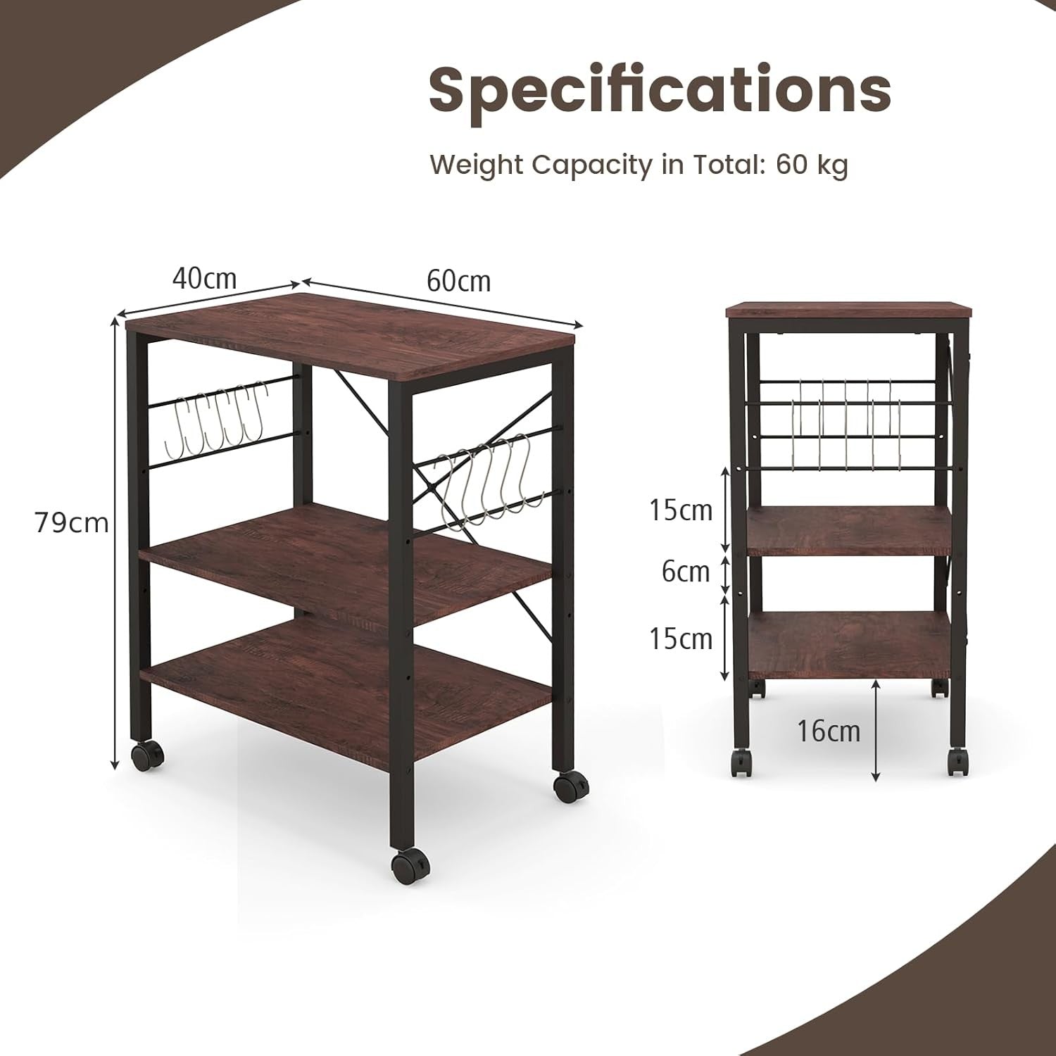 Kitchen Bakers Rack Rolling Cart Microwave Stand 3 Shelves Wheels