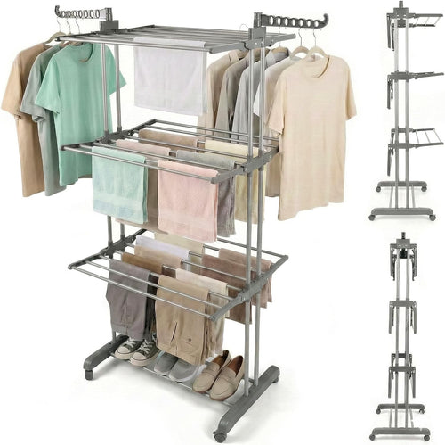 4 Tier Clothes Airer Folding Laundry Drying Rack with Wheels Space Saving