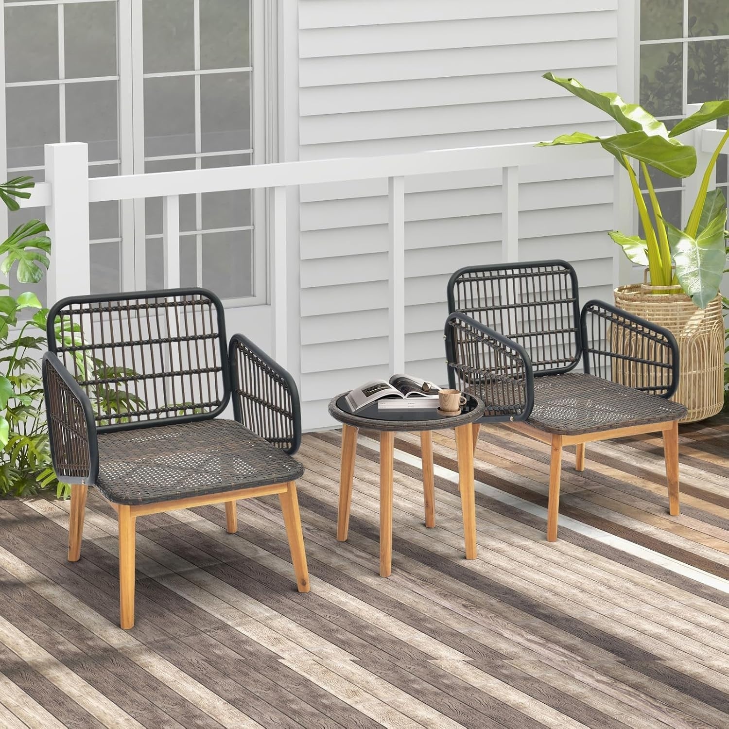 3PC Outdoor Rattan Bistro Set Cushioned Armchairs & Glass Coffee Table