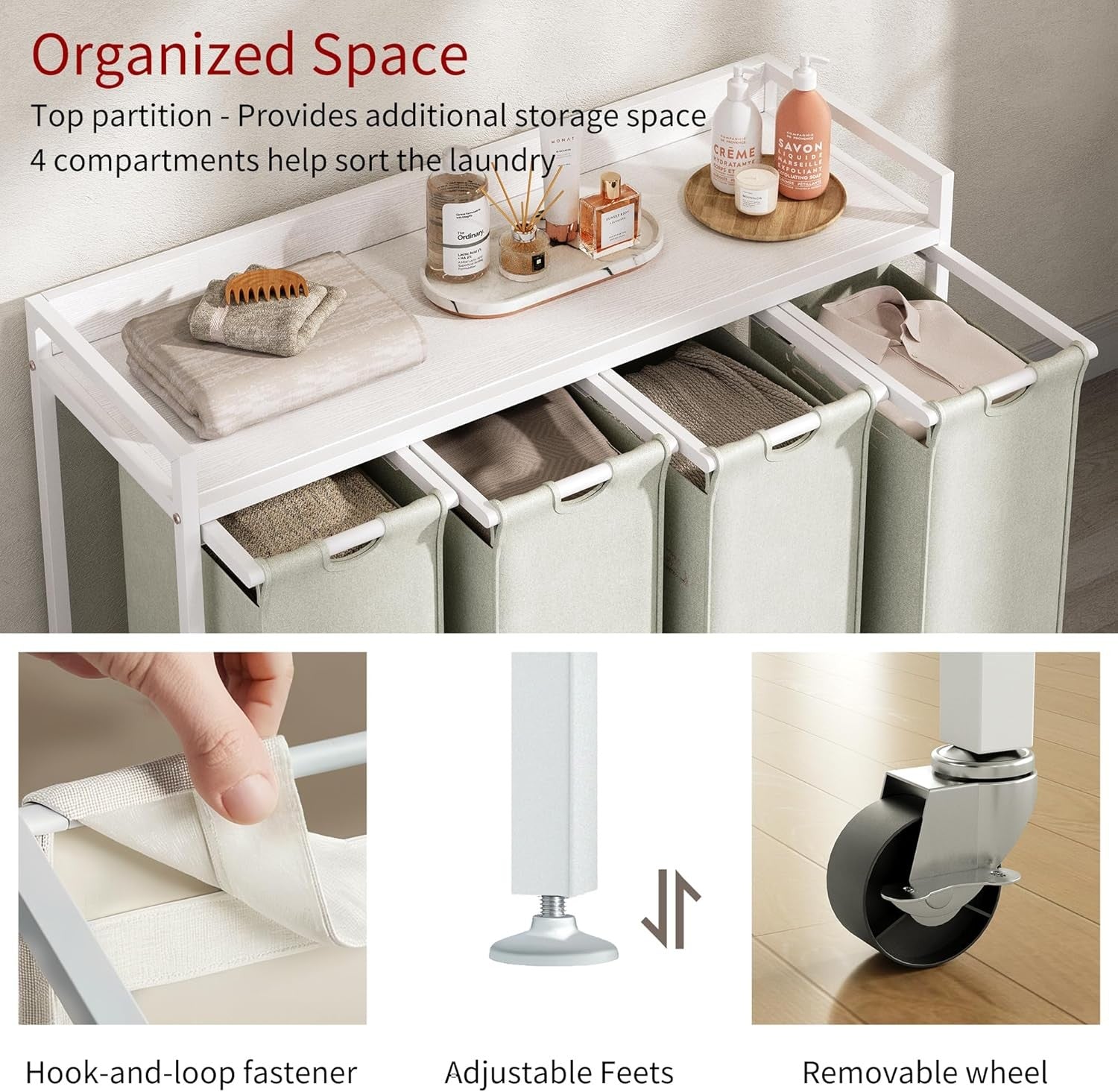 4 Section Laundry Basket with Shelf White Removable Bags Wheels 240L Modern