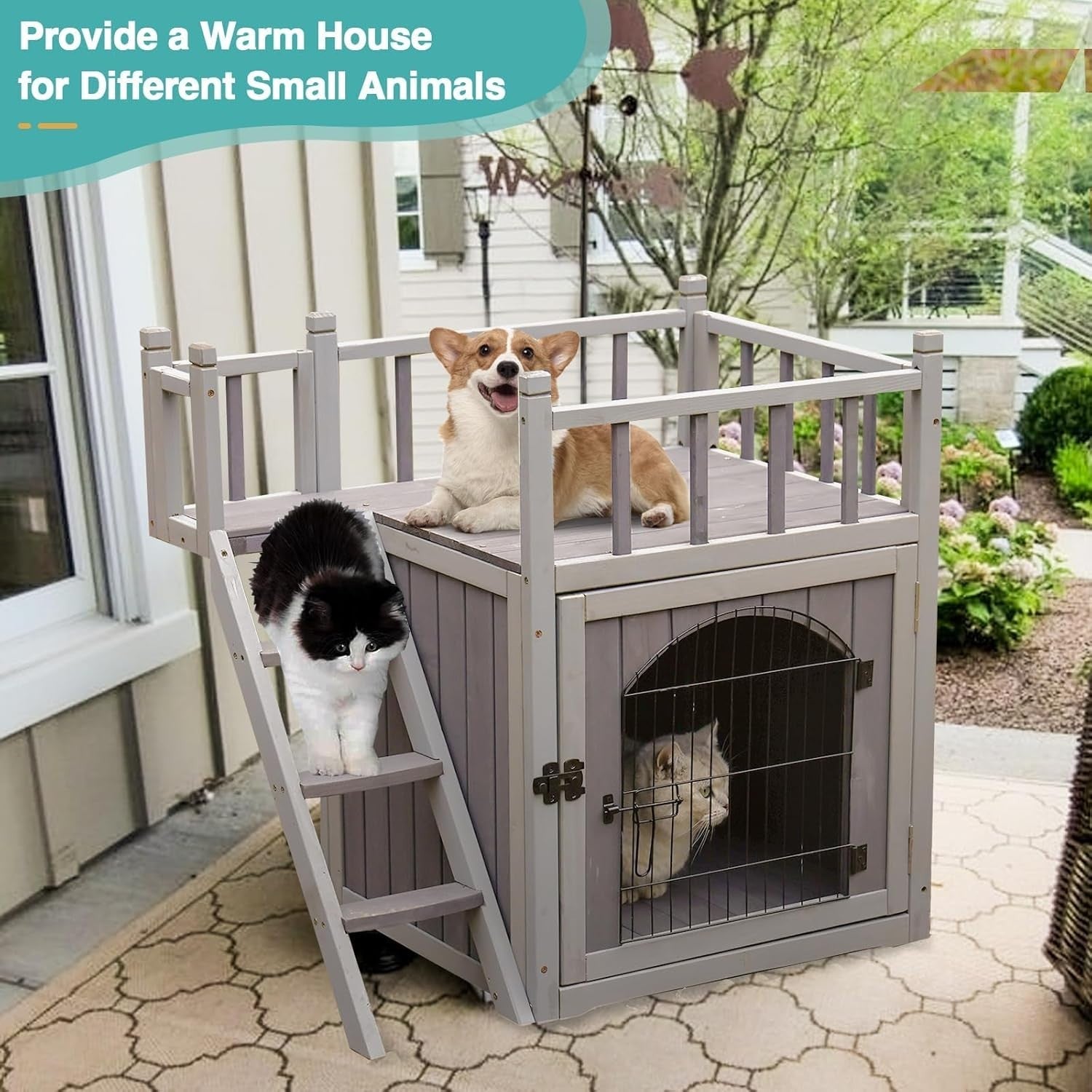 Weatherproof 2-Story Outdoor Wooden Cat & Small Dog House with Balcony