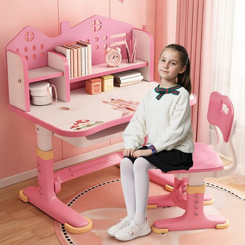 Adjustable Kids Desk & Chair Set with Drawer, Large Writing Surface Pink