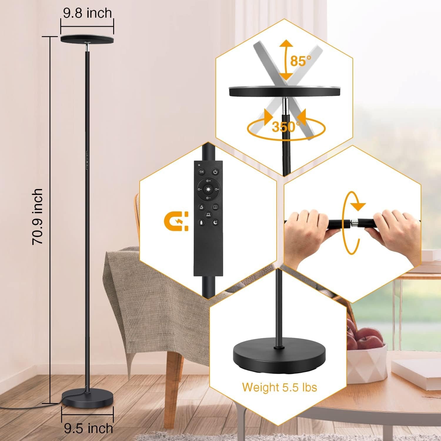 LED Uplighter Floor Lamp 3000LM Dimmable Torchiere Remote Touch Black