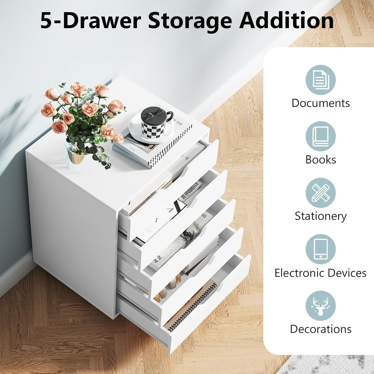 White Mobile File Cabinet 49x40x64cm 5 Drawer Printer Stand