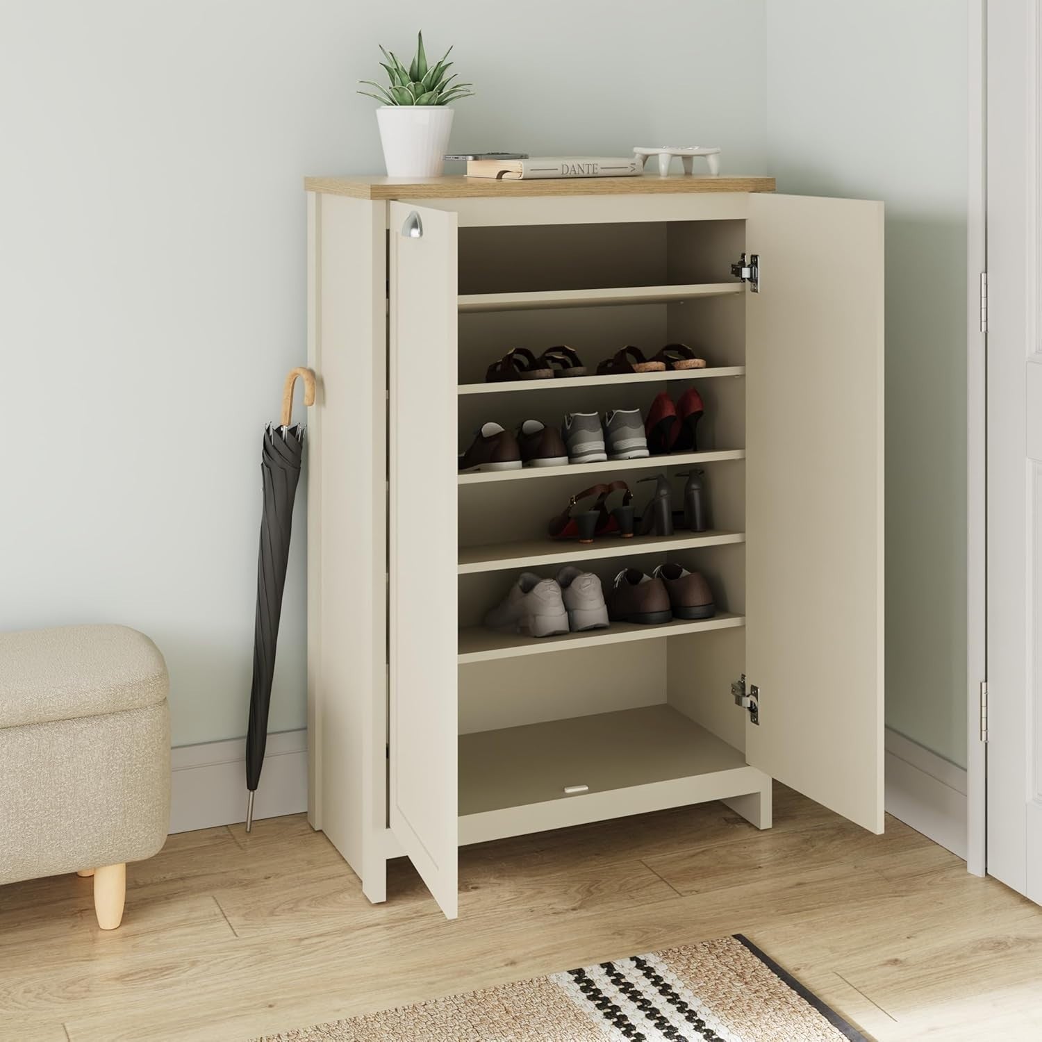 Cream Shoe Storage Cabinet 2 Door Oak Effect Unit with Shelves Hallway