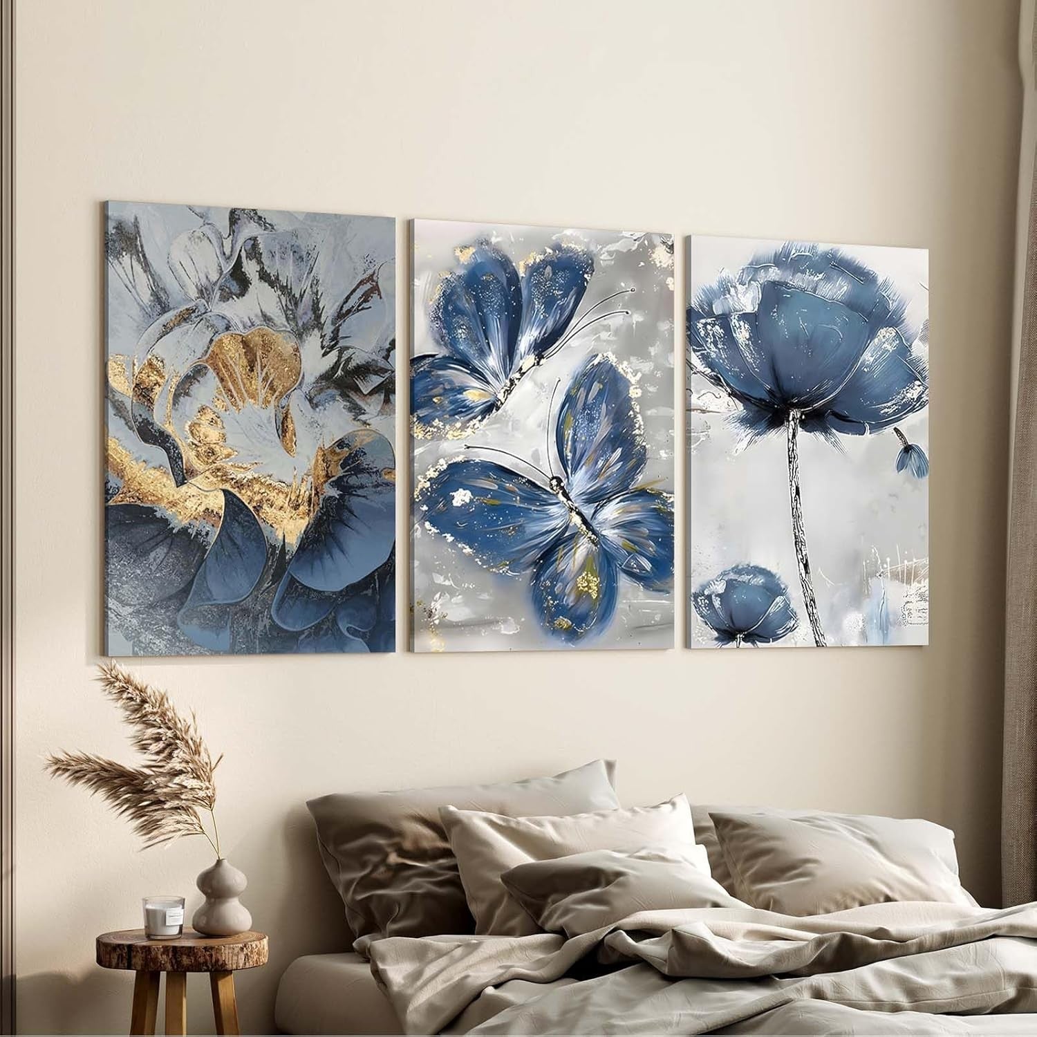Blue Floral Butterfly Canvas Wall Art Set of 3 Framed Prints 12x16 Decor