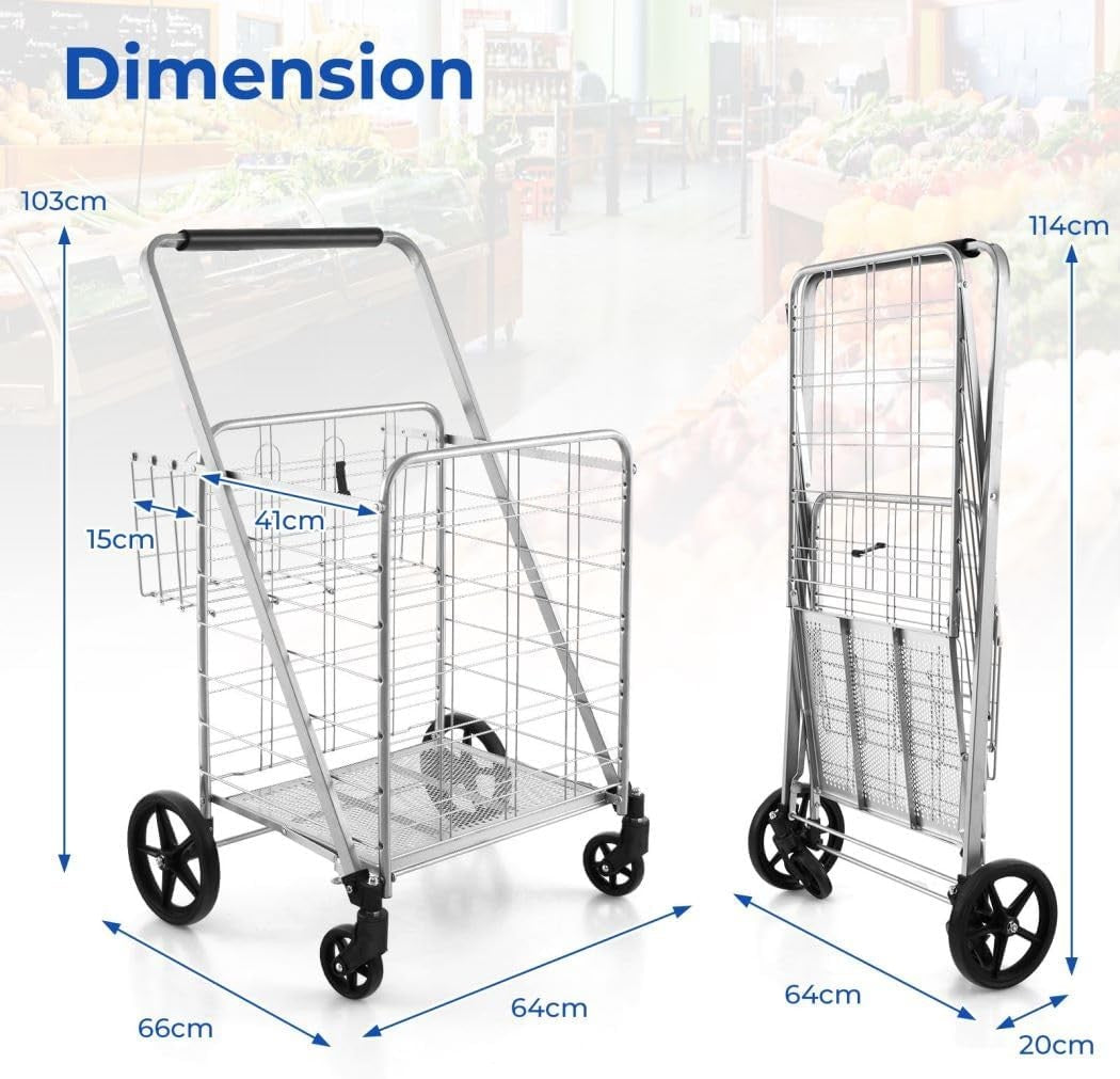 Heavy Duty Folding Shopping Trolley 4 Wheel Metal Grocery Cart Large Capacity