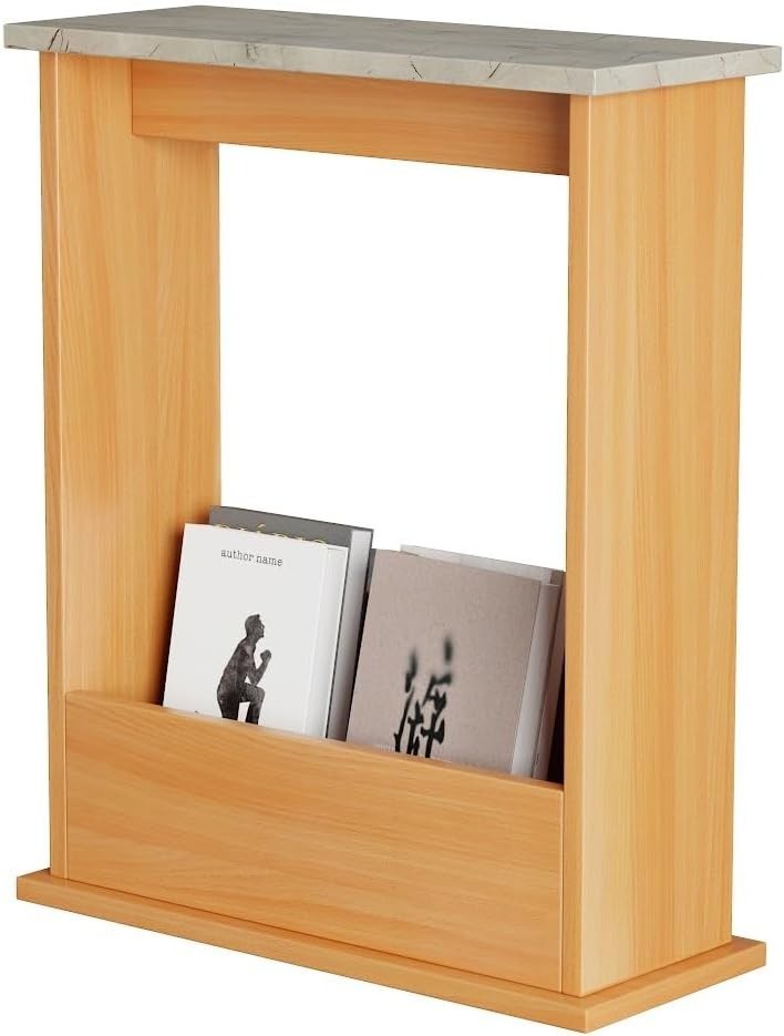 Modern Slim Side Table with Magazine Rack, Marble Top, Compact 55x45x18cm