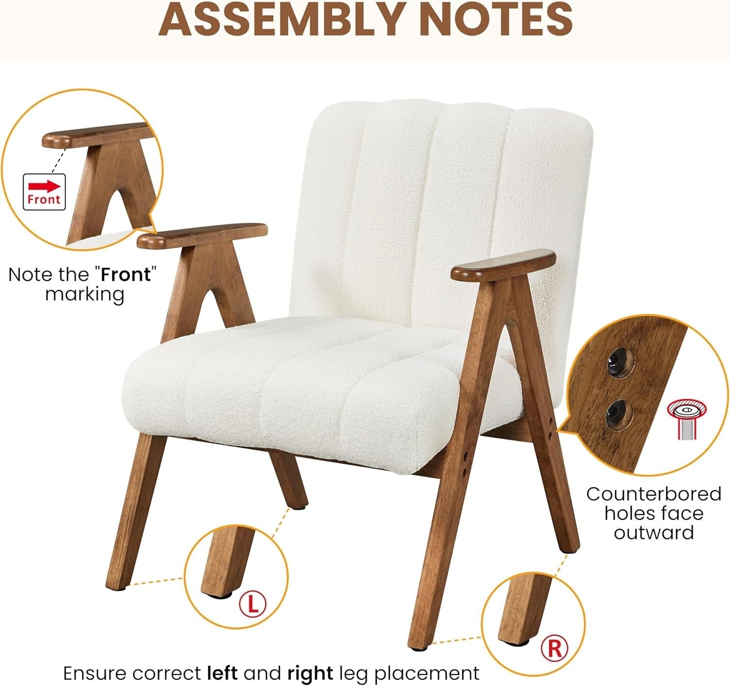 Set of 2 Boucle Accent Armchair Mid Century Lounge Chair Solid Wood Legs White