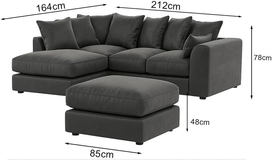 Grey Plush Velvet Corner Sofa with Footstool – 4 Seater L Shape Couch