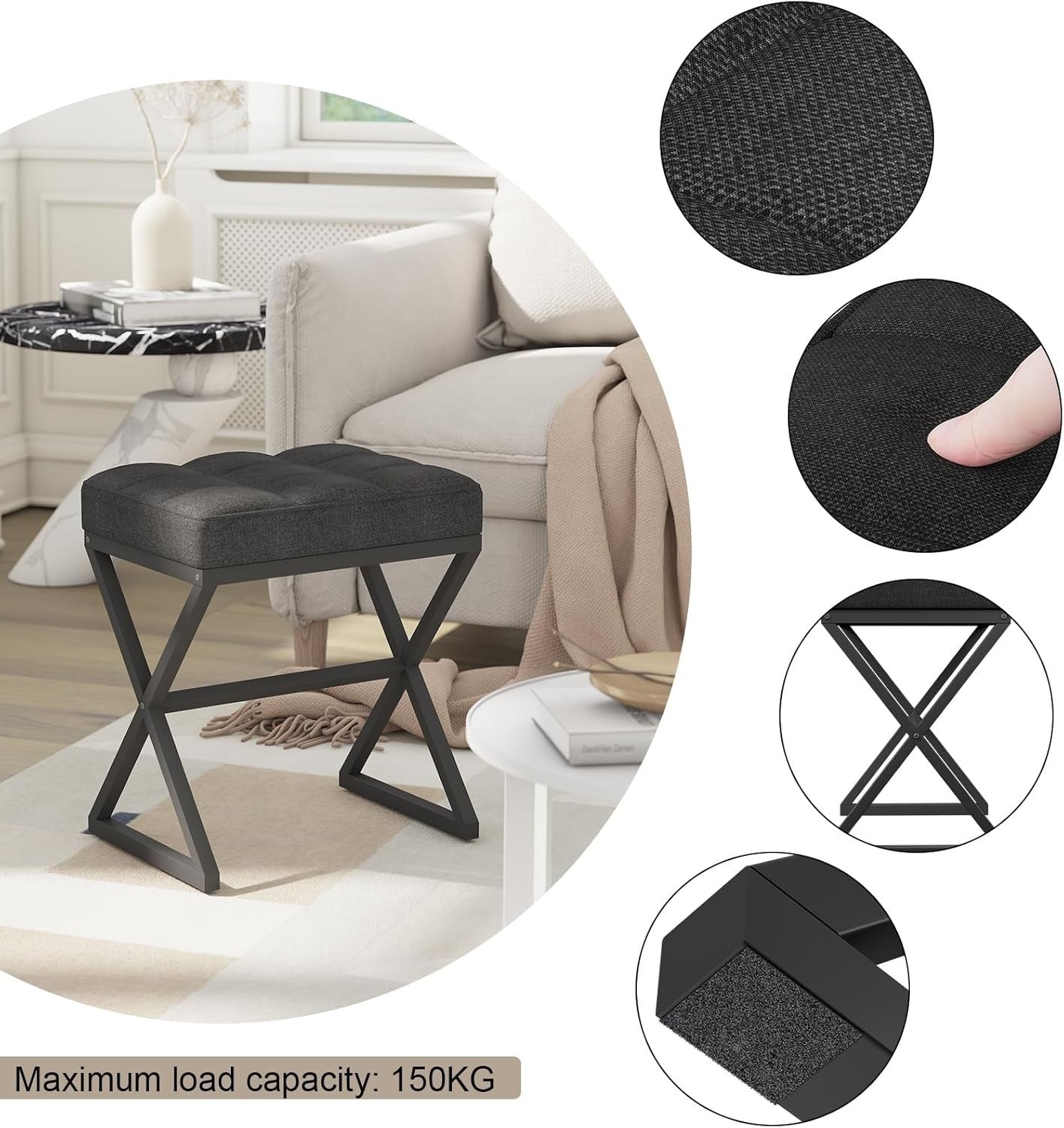 Black Linen Vanity Stool Ottoman with X-Shaped Metal Legs Footrest Bench