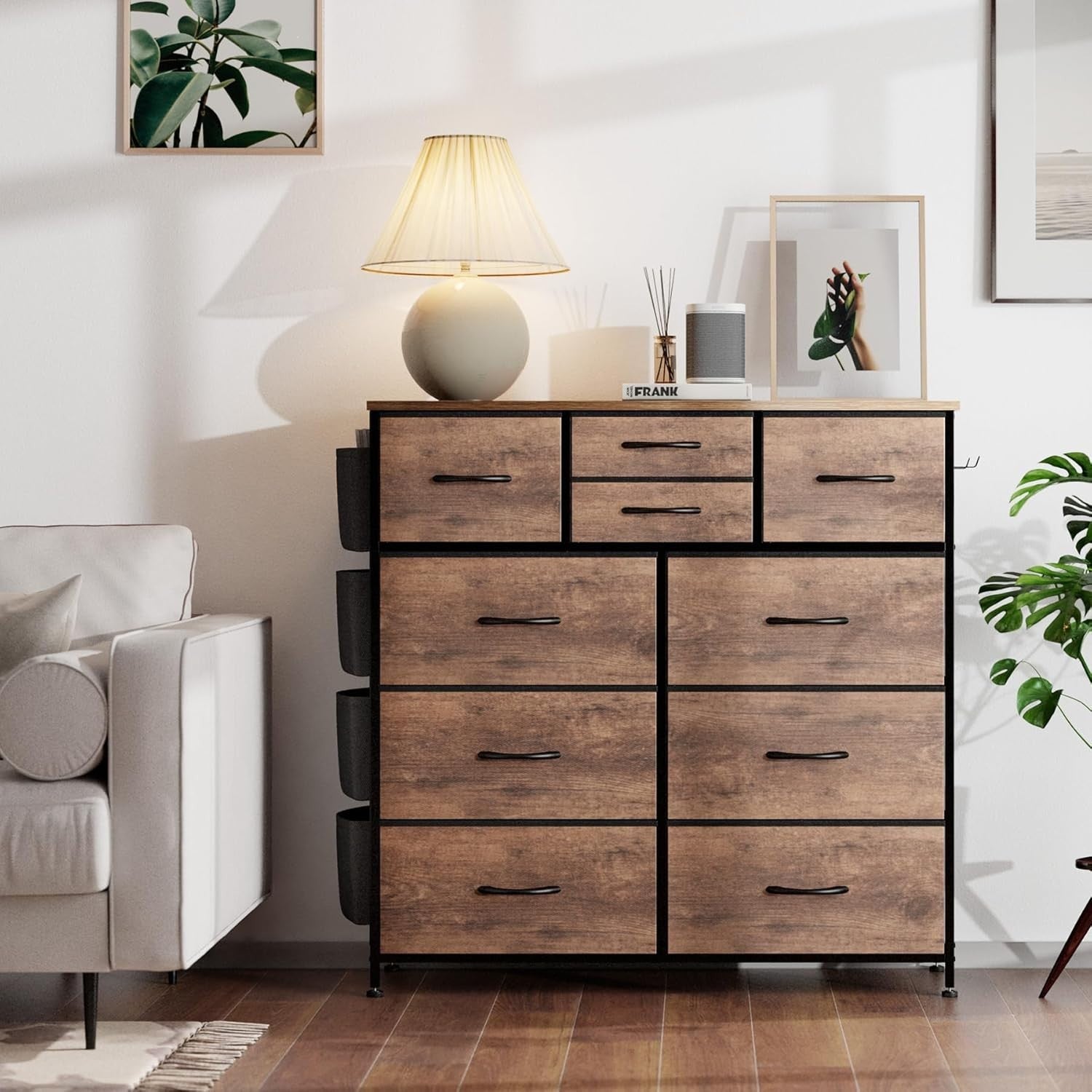 Rustic Brown 10-Drawer Tall Chest Storage Dresser with Side Pockets & Hooks