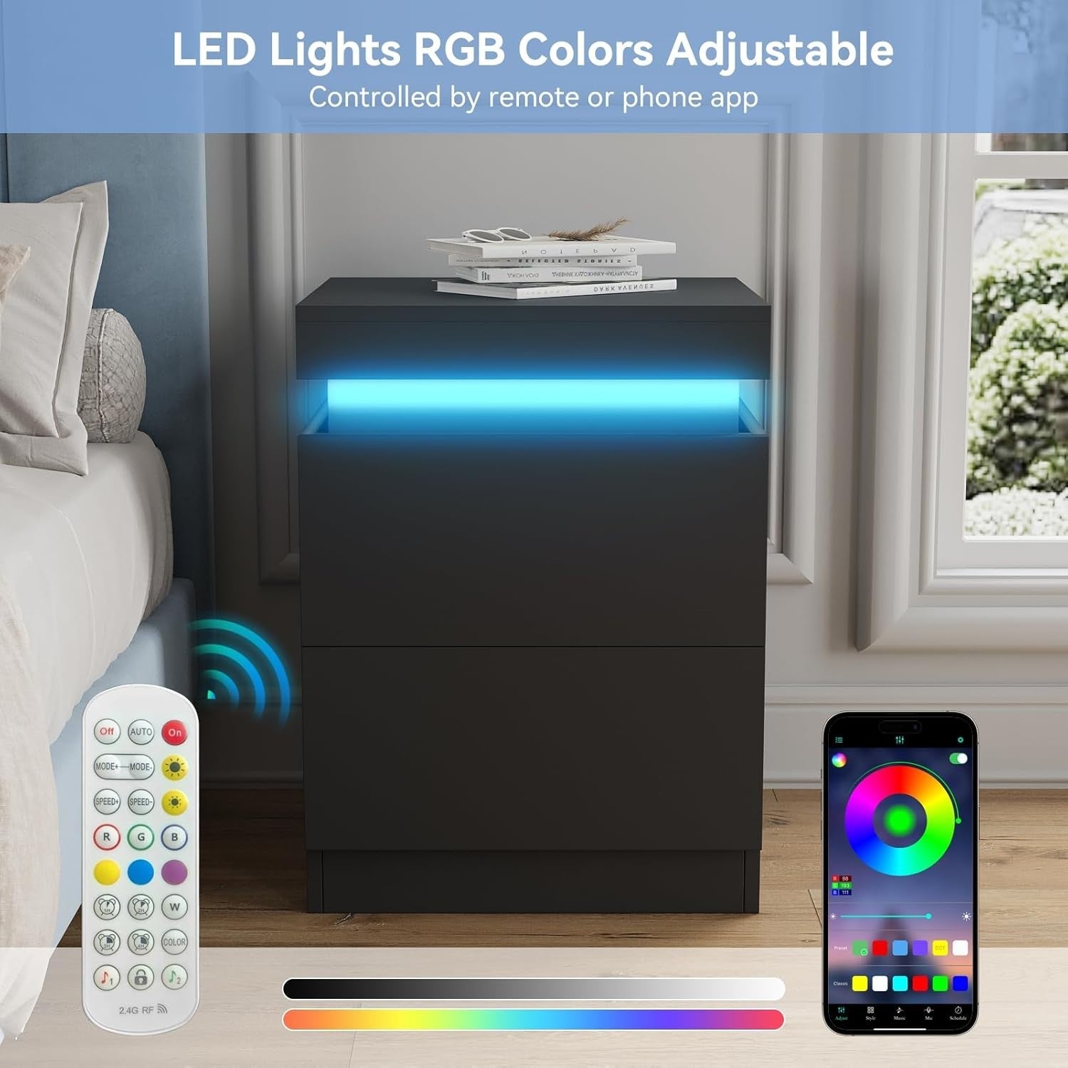 Set of 2 Modern LED Bedside Tables with USB Charging | Black 2 Drawer Nightstand