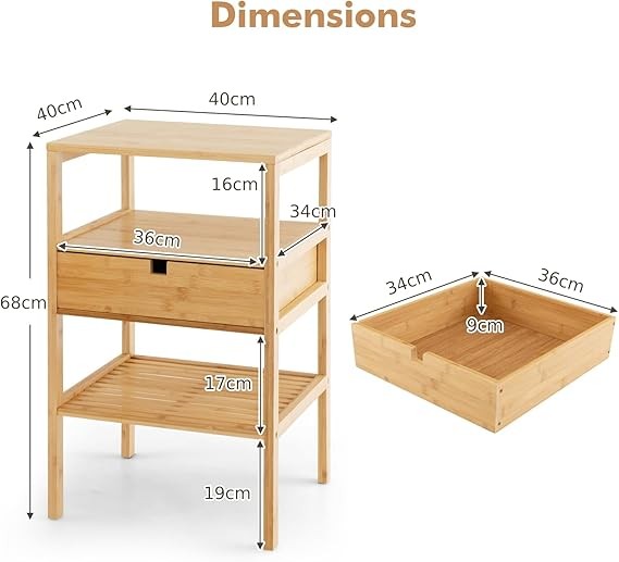 Bamboo Bedside Tables Set of 2 – 3-Tier Nightstands with Drawer & Shelves