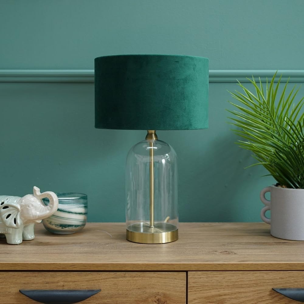 Gold Glass Table Lamp Green Velvet Shade Bedside Desk Lamp Bulb Included