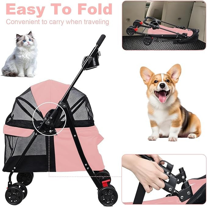 4 Wheel Dog Stroller Folding Pet Pram with Cup Holder Travel Buggy Pink