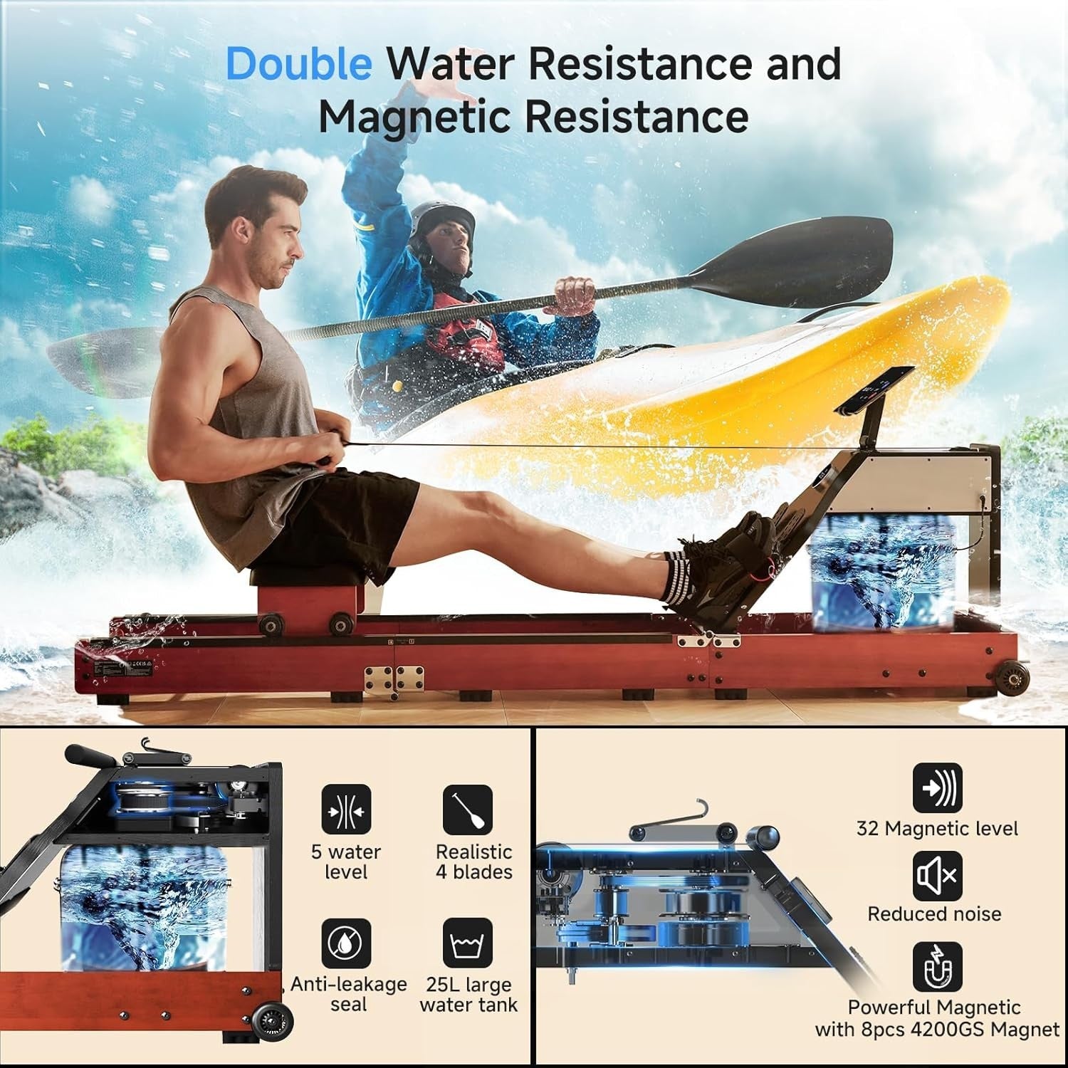 Hybrid Water & Magnetic Rower 5+32 Levels Foldable LED Display 150KG Oak