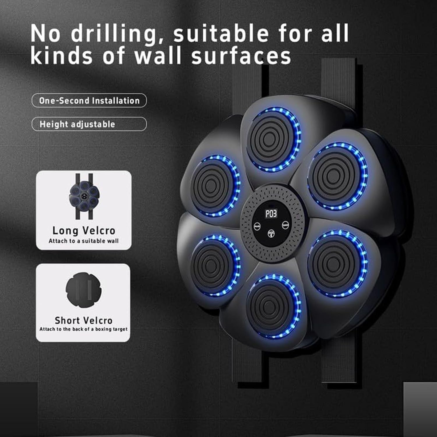 Black Music Boxing Machine Blue LED Bluetooth Wall Punch Trainer 9 Speed