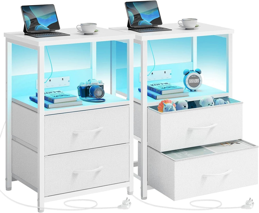 Set of 2 LED Bedside Tables with Charging Station & Drawers | Smart Nightstands