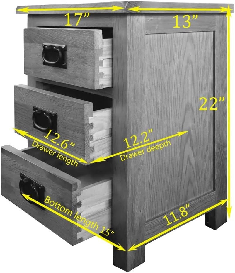 Rustic Oak Bedside Table with 3 Drawers, Solid Wood Nightstand 56x42x32cm