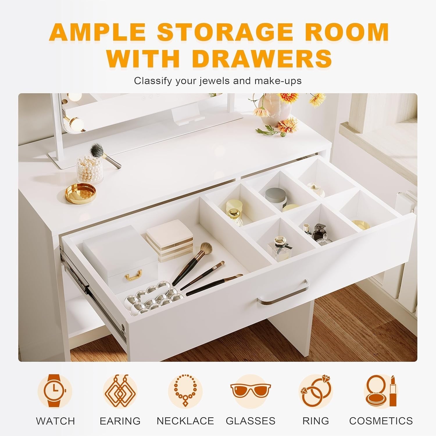 White Dressing Table Makeup Desk Vanity Drawers Storage Large Capacity Mirror