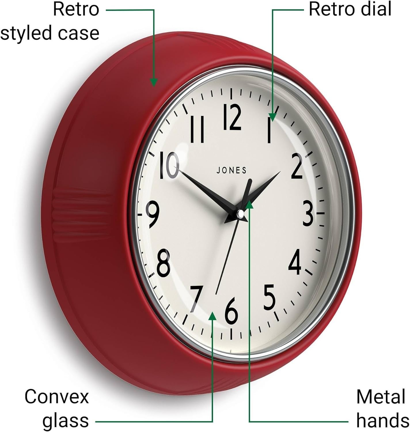 25cm Red Retro Wall Clock | Easy Read Silent Quartz Clock for Kitchen Home