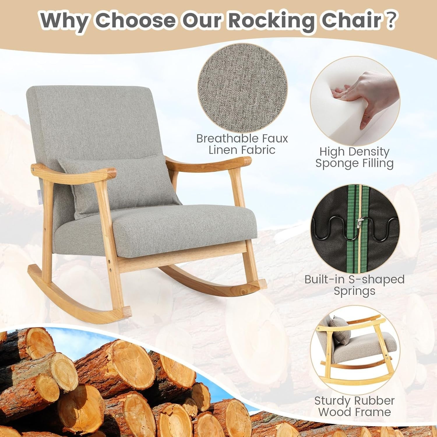 Rocking Chair with Cushion & Lumbar Pillow – Solid Wood, 83cm High, Relax