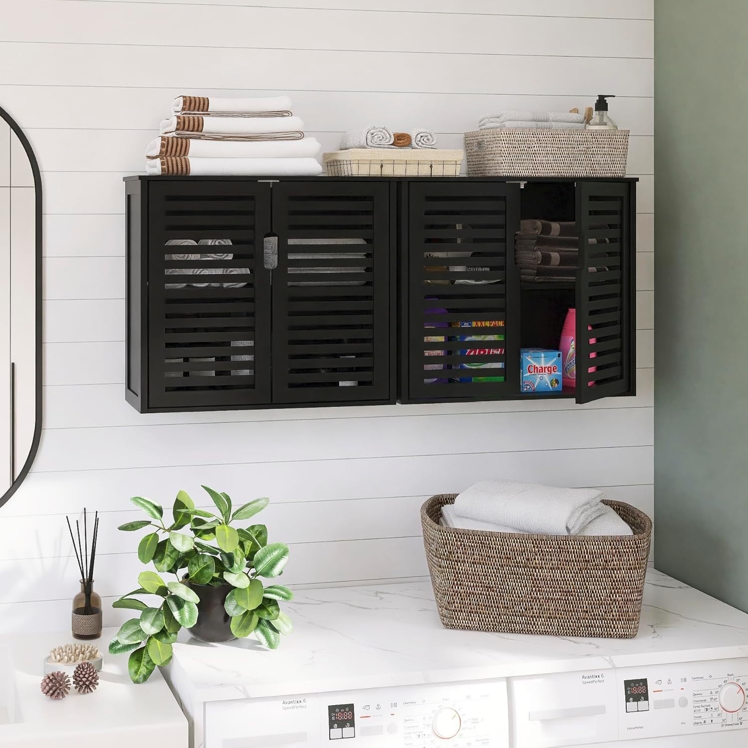 Black Bathroom Wall Cabinet Storage 2 Door Bamboo Unit Adjustable Shelf