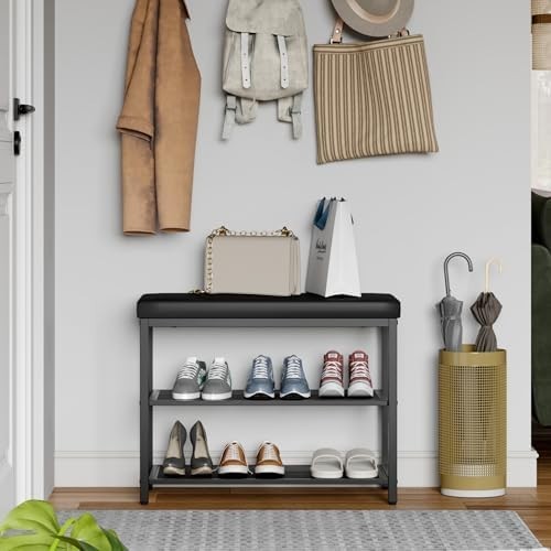 Black 3-Tier Shoe Bench with Cushion Seat – Industrial Hallway Organizer