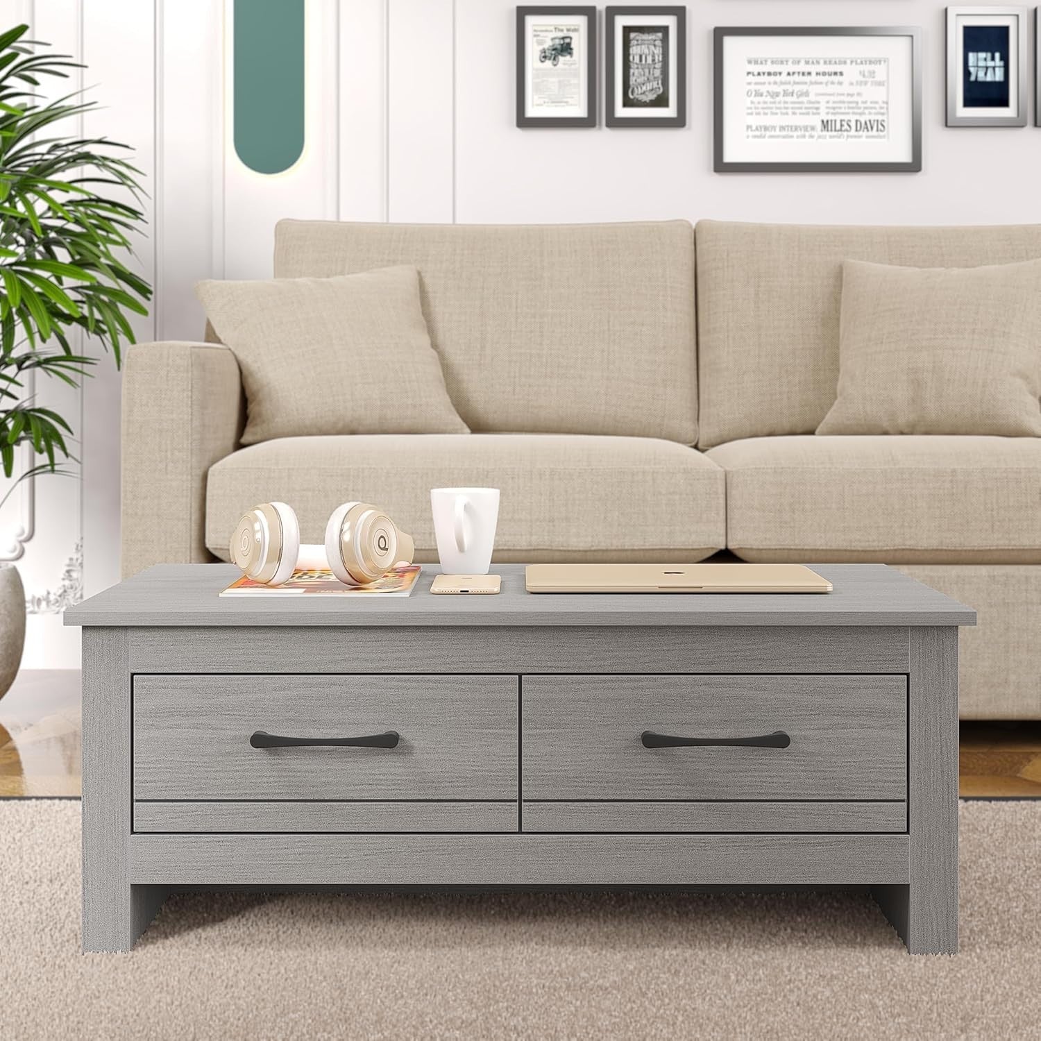 Dark Grey Coffee Table with 2 Drawers & Shelf 93x53x36cm Storage Unit