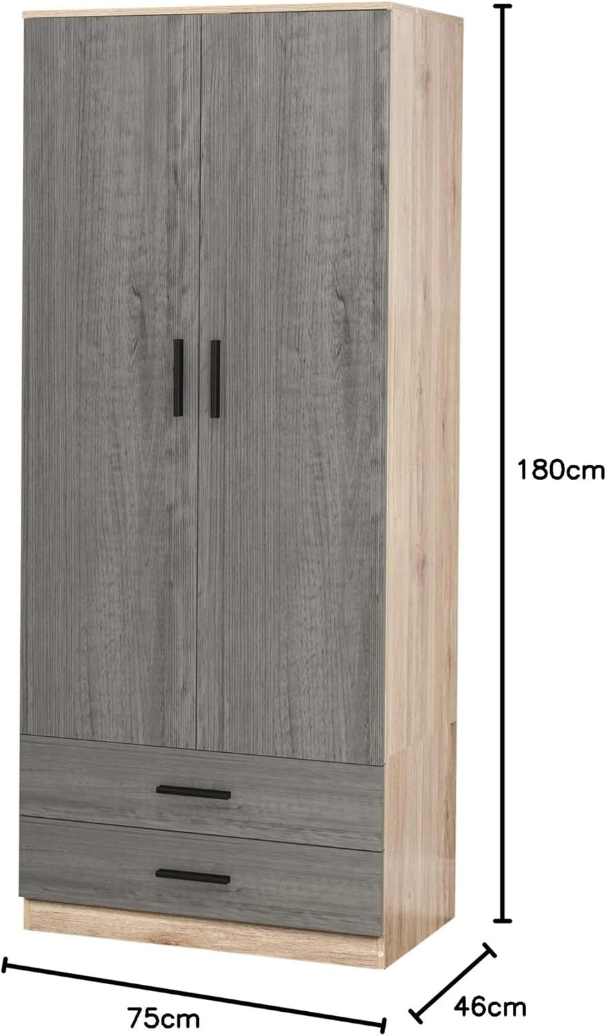 Grey Drawer 2 Door Wardrobe Oak Frame | Modern Tall Bedroom Storage Unit