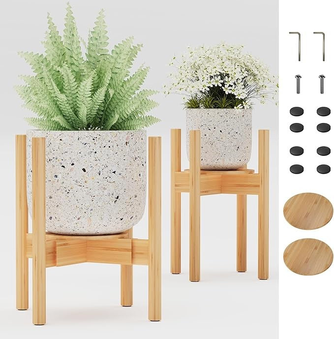 Adjustable Bamboo Plant Stand 2 Pack with Removable Tray for Indoor Pots 20–30cm