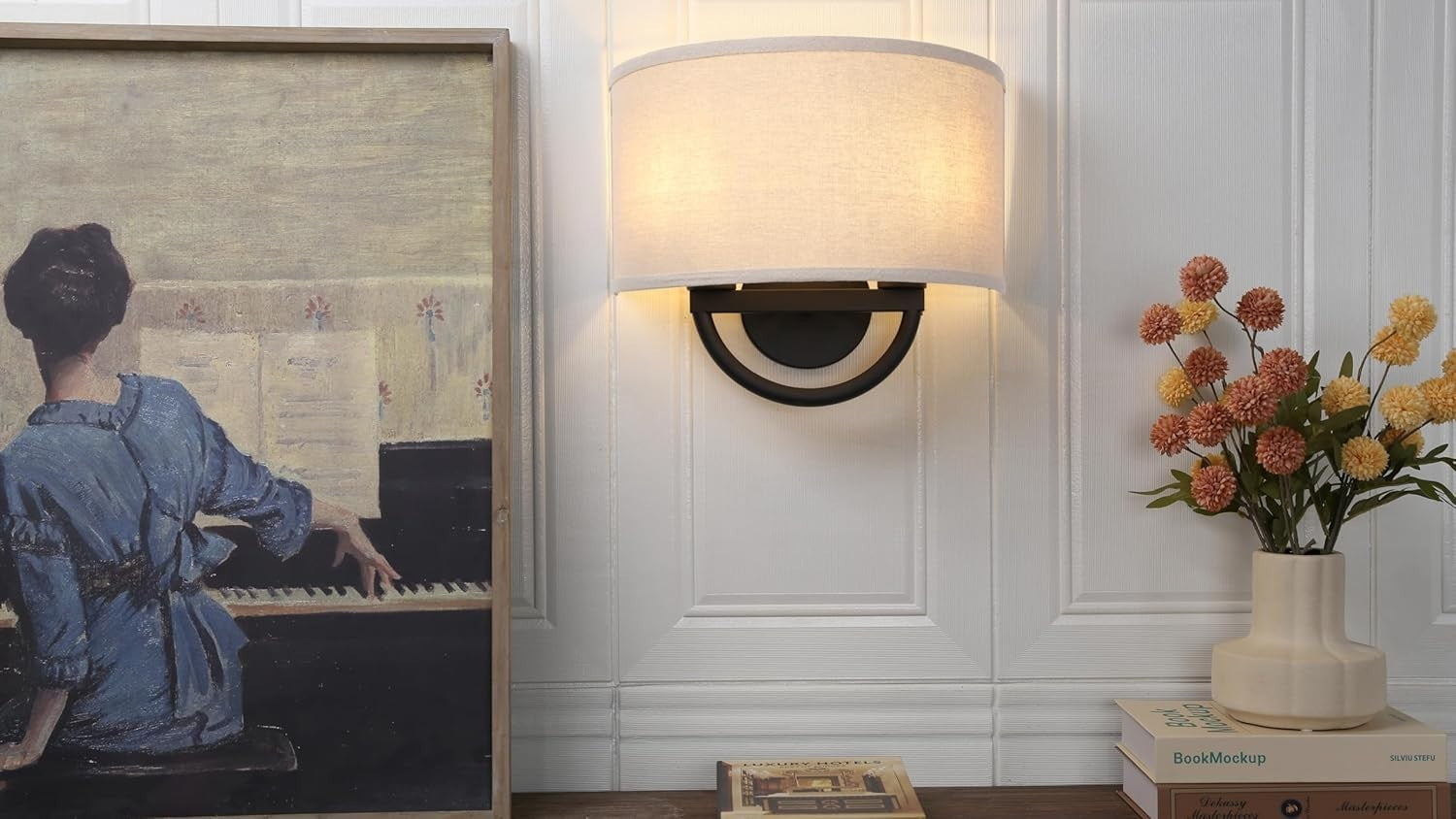 2-Light Wall Sconce with Linen Shade, Retro Antique Look, Easy Install