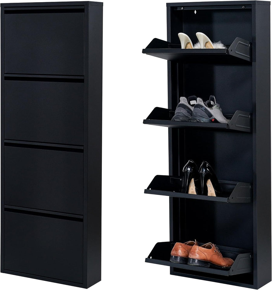 Slim Wall Mounted Shoe Cabinet 4-Tier Metal Storage Rack 138cm Black