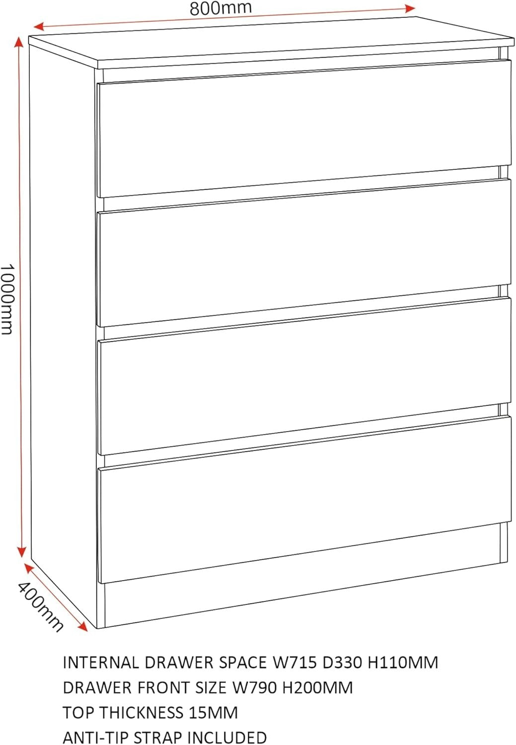 Black 4 Drawer Chest Storage Cabinet Engineered Wood Bedroom Organizer