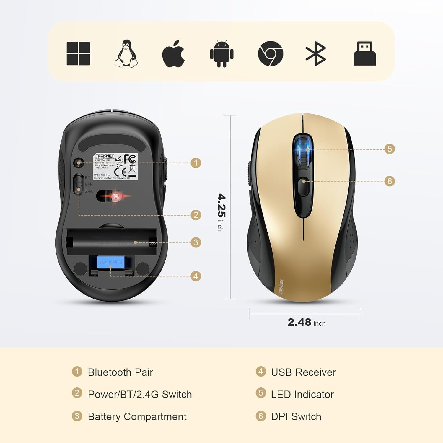 Luxury Gold Wireless Mouse 4000 DPI Dual Mode Ergonomic Long Battery Life
