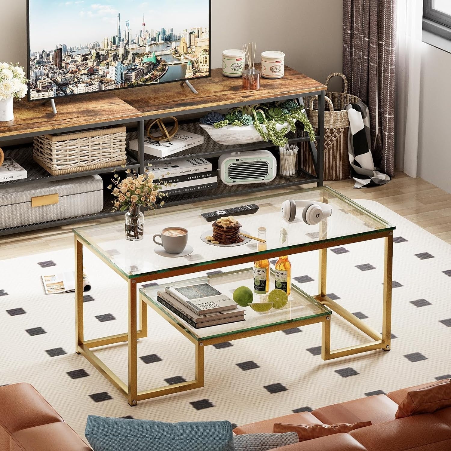 Gold Glass Coffee Table 2 Tier – Modern Metal Frame Living Room Storage