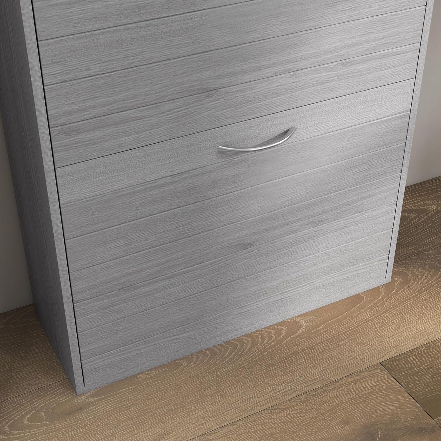 Slim Grey Shoe Cabinet – 3 Flip Drawers, 12 Pair Storage, Narrow Hallway Unit