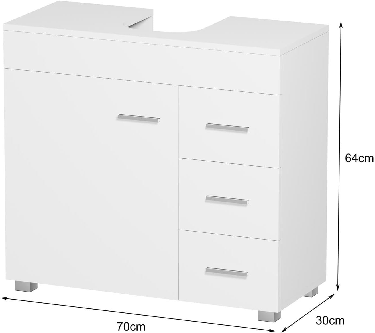 Under Sink Bathroom Cabinet White Storage Unit with Drawers 70x30x64cm