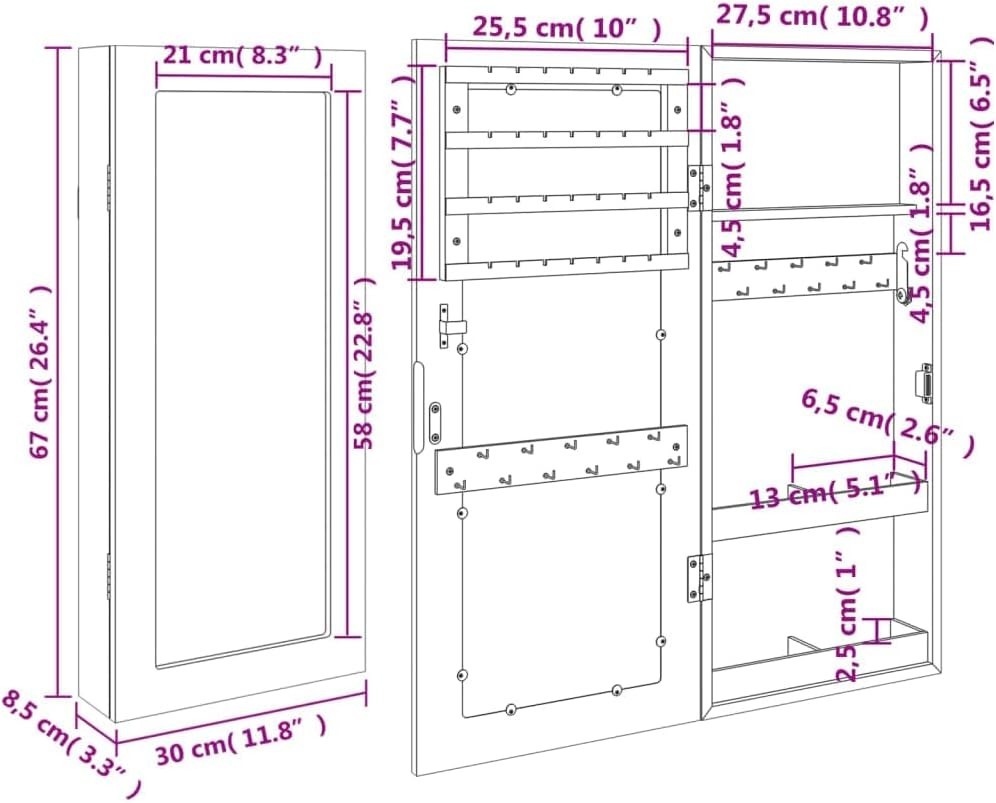 Compact Wall Mounted Jewelry Cabinet Mirror Lockable Storage Black